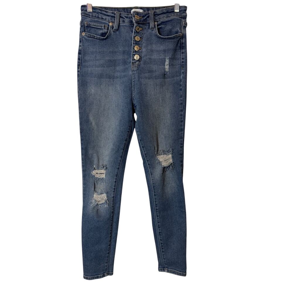 Forever 21 Size 29 High Rise Distressed Jeans Blue Denim Button Fly Ripped